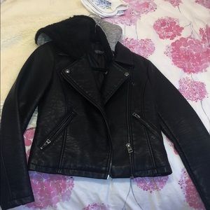 TOPSHOP pleather jacket with furry hood